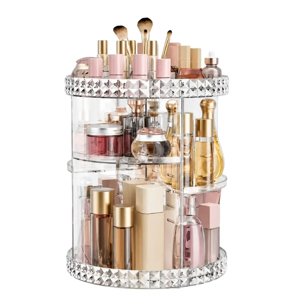 Organizador de Maquiagem Giratório 360° em Acrílico Luxo com Divisórias Ajustáveis – Porta Cosméticos e Perfumes Transparente para Bancada, Pincéis e Skincare - 1