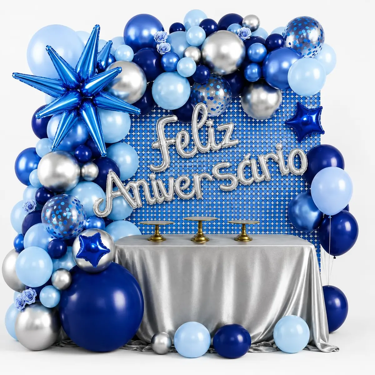 Kit Decoração de Aniversário com Balões, Letreiro e Cortina Azul | Ideal para festa adulta e infantil. Inclui balões, letreiro luminoso e painel decorativo - 1