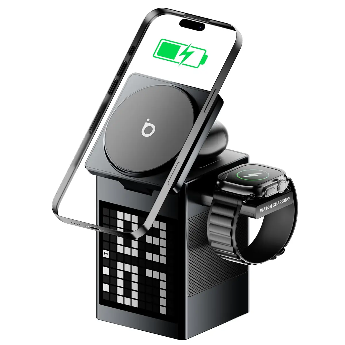 Basike Carregador Sem Fio Magnético 3 em 1, Compatível com MagSafe | Rápido 15W, com Alto-falante Bluetooth/Despertador para iPhone 16/15/14/13, Apple Watch 1-8/Ultra, AirPods (Sem Adaptador CA) - 1