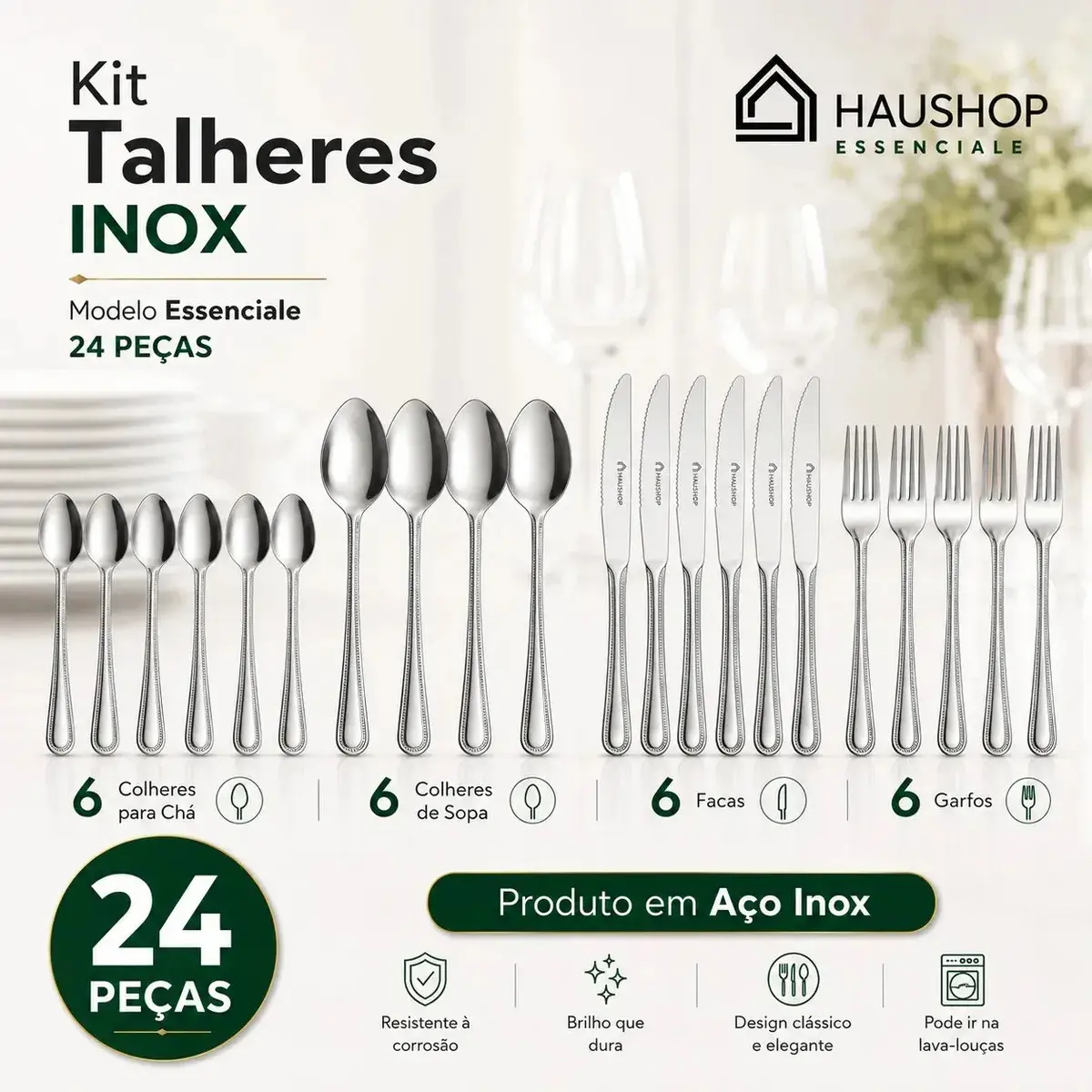 Faqueiro Inox 24 Peças Essenciale Haushop Jogo De Talheres Conjunto Mesa Posta Premium Resistente