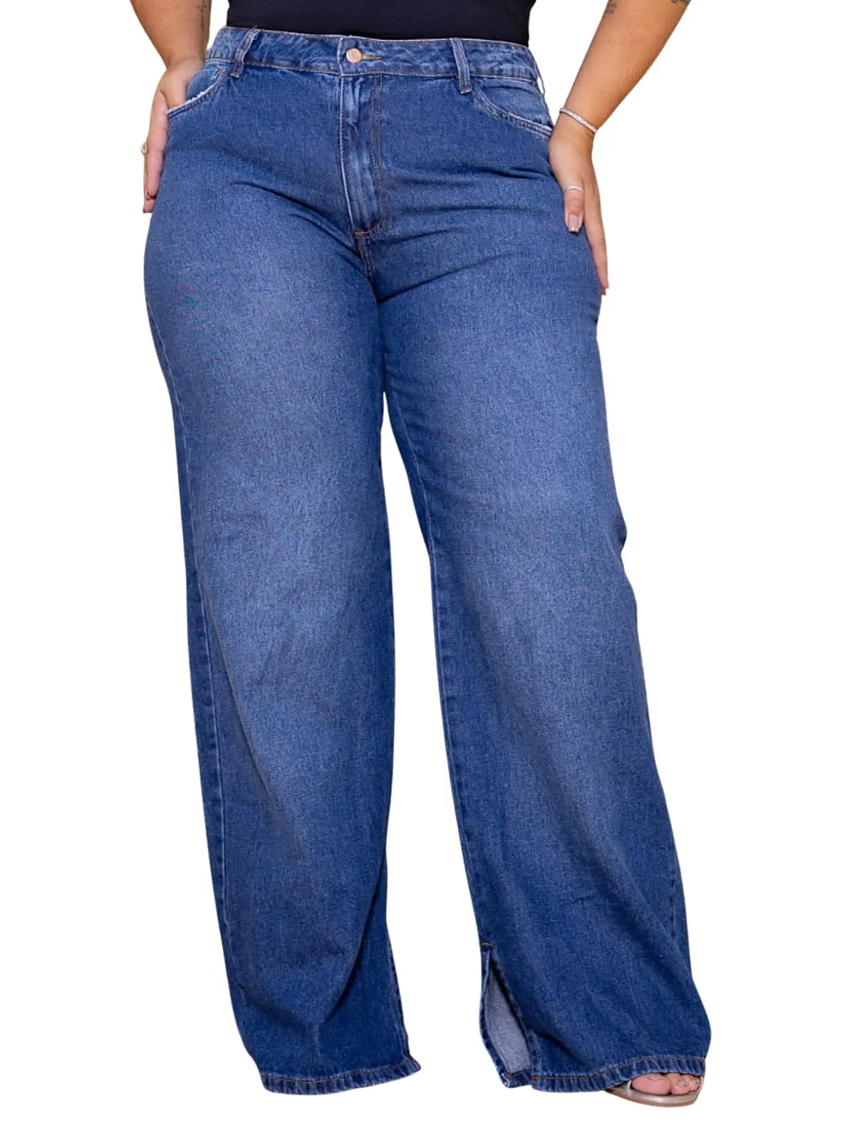 Calça Wide Leg Plus Size, Jeans Premium, Lavagem Média, Cintura Alta, Fenda Lateral