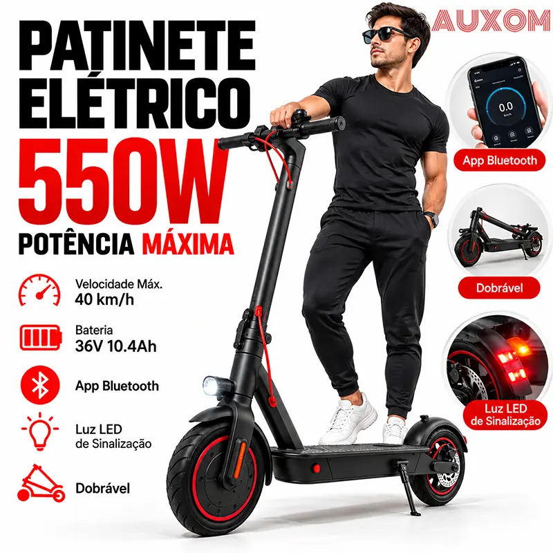AUXOM Patinete Elétrico Scooter 550W Dobrável com App Bluetooth e Luz LED de Sinalização