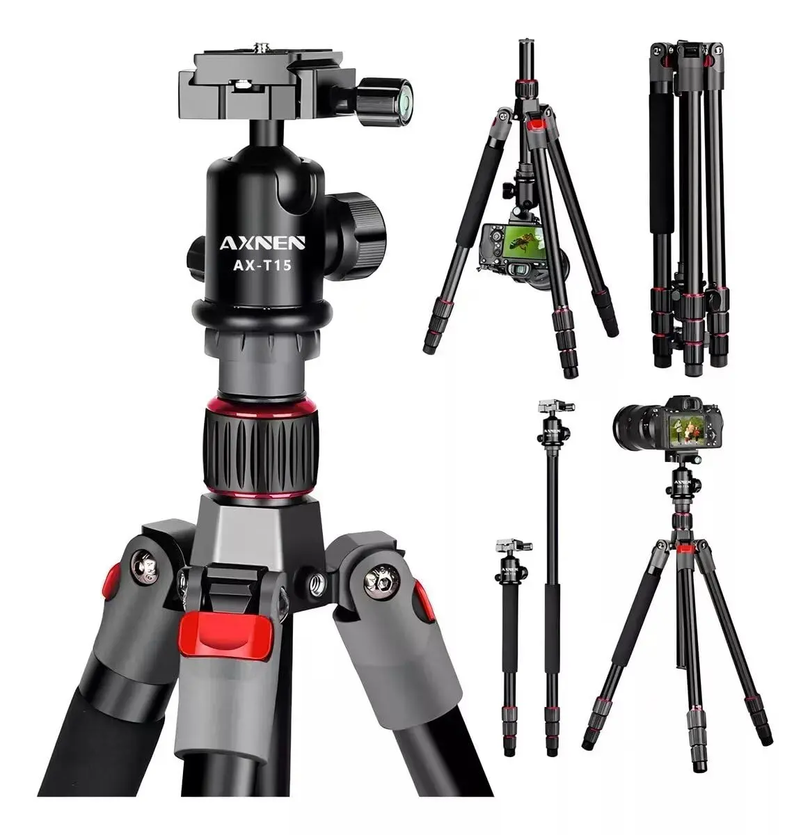 Tripé profissional AX-T15 para câmera Canon Nikon DSRL, Giro de 360°, Alta ajustável e Bolsa de Transporte