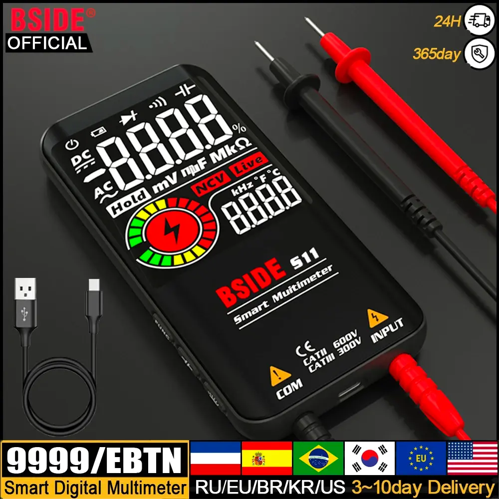 Bside multímetro digital profissional inteligente 9999 emf multitester dc ac tensão capacitor ohm diodo testador elétrico ao vivo carga usb - 1