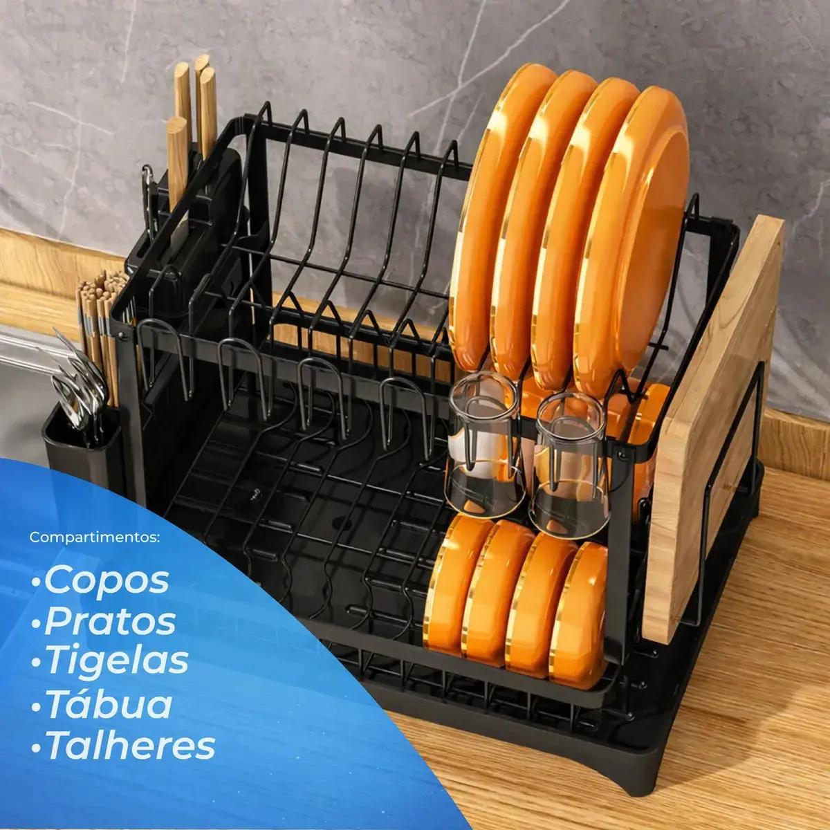 Escorredor De Louça Inox Porta Pratos Talheres Copos Preto Preto thumbnail 3