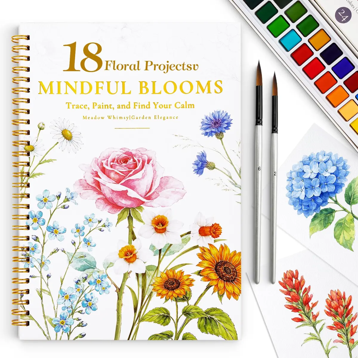Livro de exercícios em aquarela para iniciantes, 18 livros florais de colorir com água, relaxante e fácil de pintar, com 24 cores - perfeito para presentear criatividade e alegria para adultos