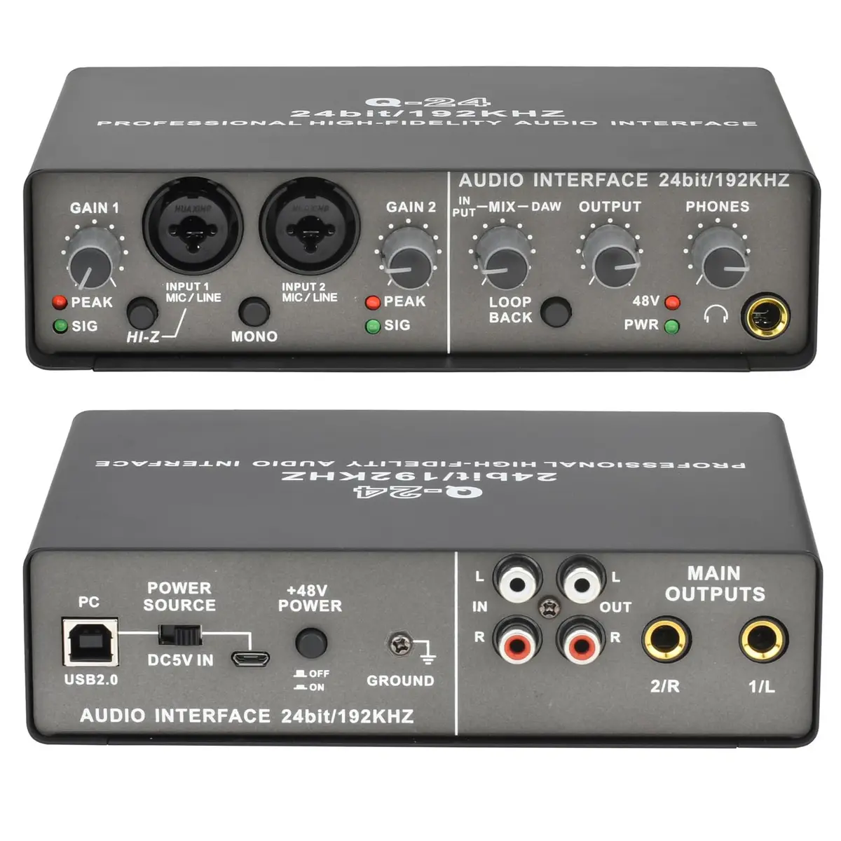 Interface de Áudio Q-24 2ª Geração 24bit/192kHz com 2 Entradas XLR, 48V Phantom Power, Loopback para Gravação, Podcast e Streaming