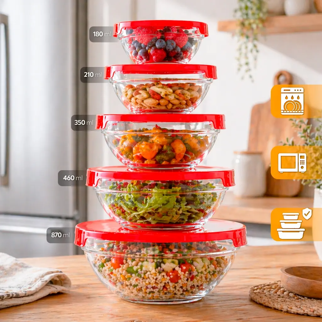 Kit 5 Tigelas de Vidro RedondasTampas Herméticas Potes Cozinha e Armazenamento - 1