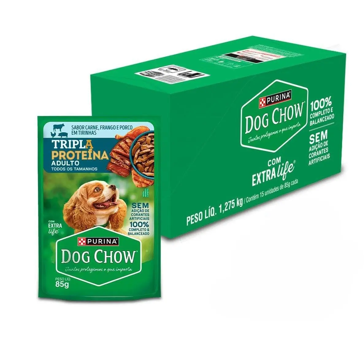 Ração Úmida DOG CHOW® TRIPLA PROTEÍNA para Cães Adultos Carne, Frango e Porco em Tirinhas 85g - 15 unidades