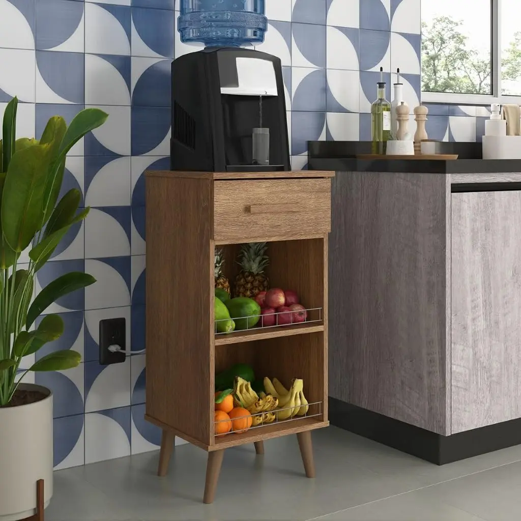 Balcão Multiuso com Gaveta para Bebedouro e Micro-ondas(Canela) | Estrutura compacta com 1 gaveta, 2 nichos e pés palito para organizar utensílios e apoiar eletrodomésticos compatíveis