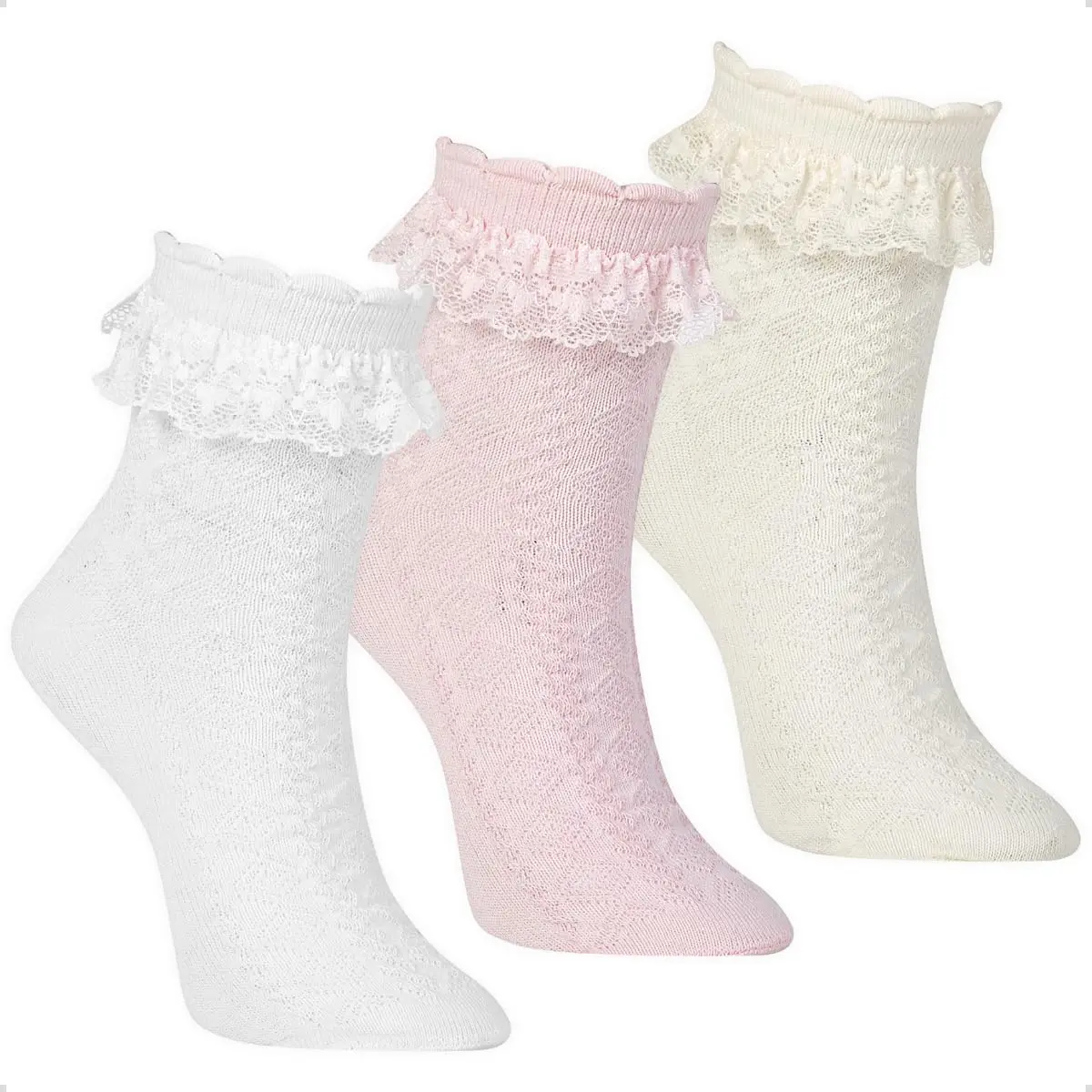 Kit 3 Pares Meia Infantil Bebê Menina Rendada Batizado Festa Algodão Conforto