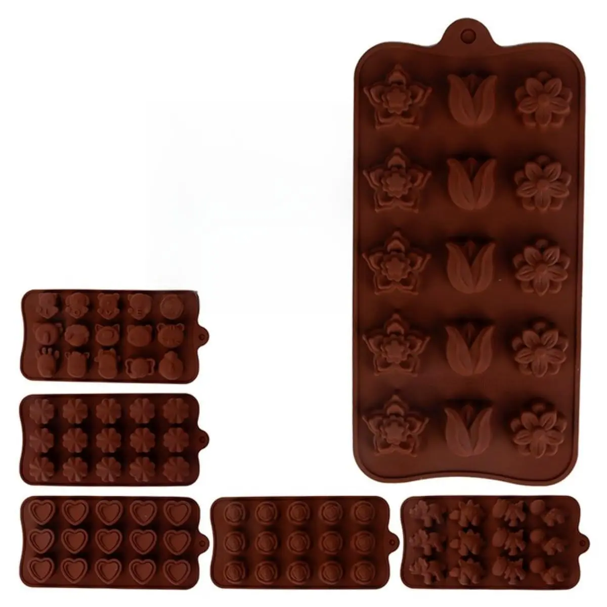 Kit 3 Formas de Silicone para Bombom com 15 Cavidades 21x10cm Marrom Antiaderente e Flexível Variedades de Modelo Premium - 1