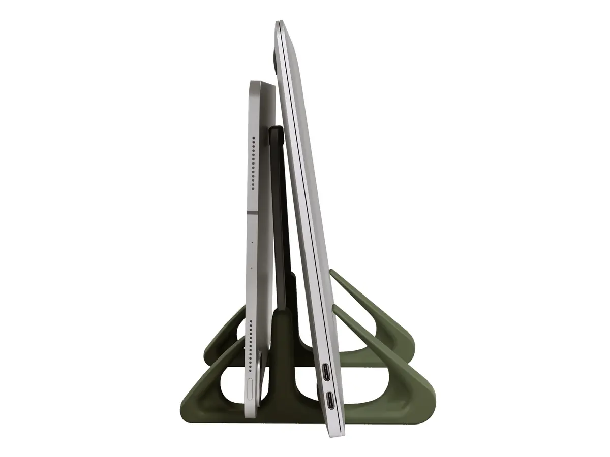 Suporte Vertical para Notebook OCTOO LiteStand Vertical, Organizador de Mesa, Compatível com Notebooks e Tablets de até 16", Base Estável, Design Compacto e Pronto para Usar — Titanium/Verde - 1
