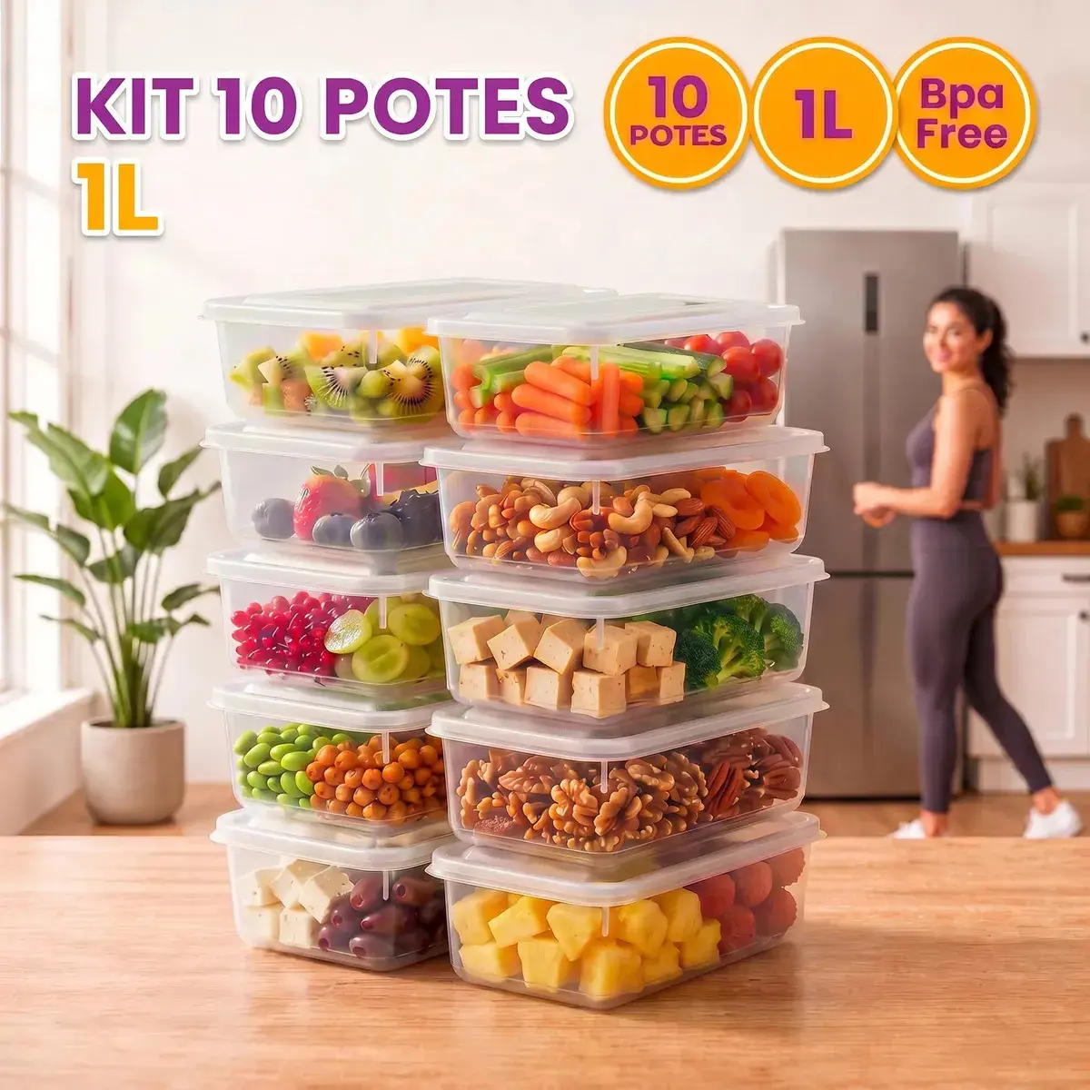 Kit 10 Potes 1 Litro Transparente Marmita Fitness Bpa Free Tampa Hermética Reutilizável Micro E Freezer Mantimentos ponte lar utilidades - 1