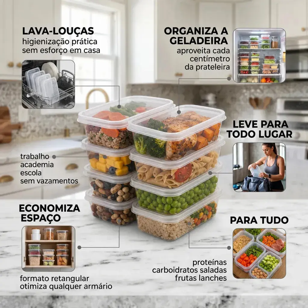 Kit 10 Potes 1 Litro Transparente Marmita Fitness Bpa Free Tampa Hermética Reutilizável Micro E Freezer Mantimentos ponte lar utilidades thumbnail 3