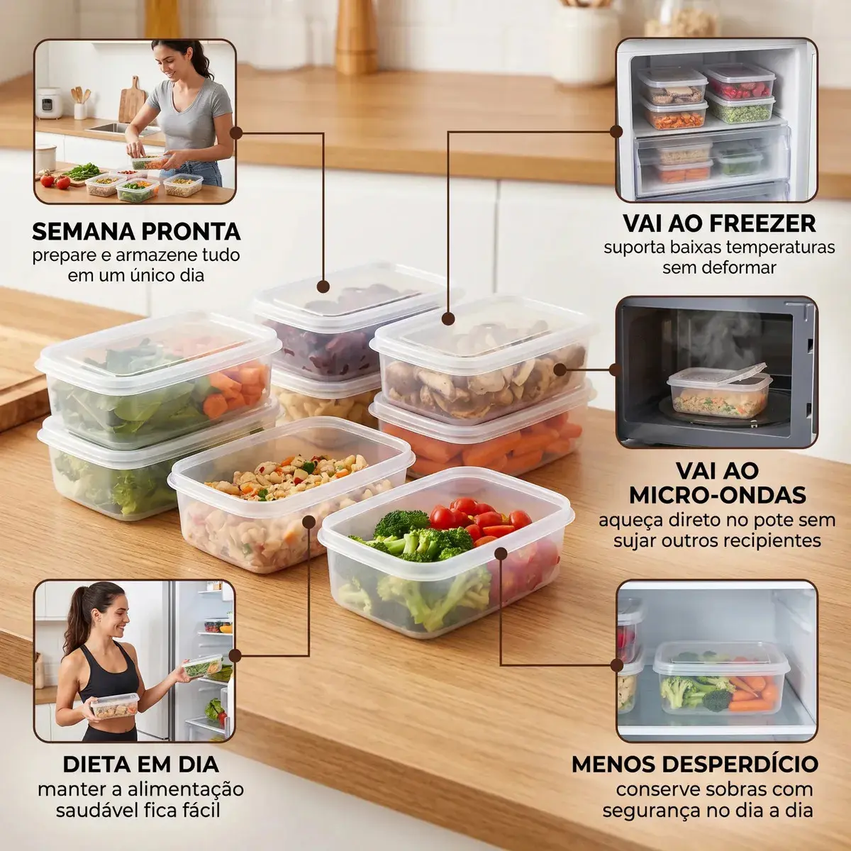 Kit 10 Potes 1 Litro Transparente Marmita Fitness Bpa Free Tampa Hermética Reutilizável Micro E Freezer Mantimentos ponte lar utilidades thumbnail 5