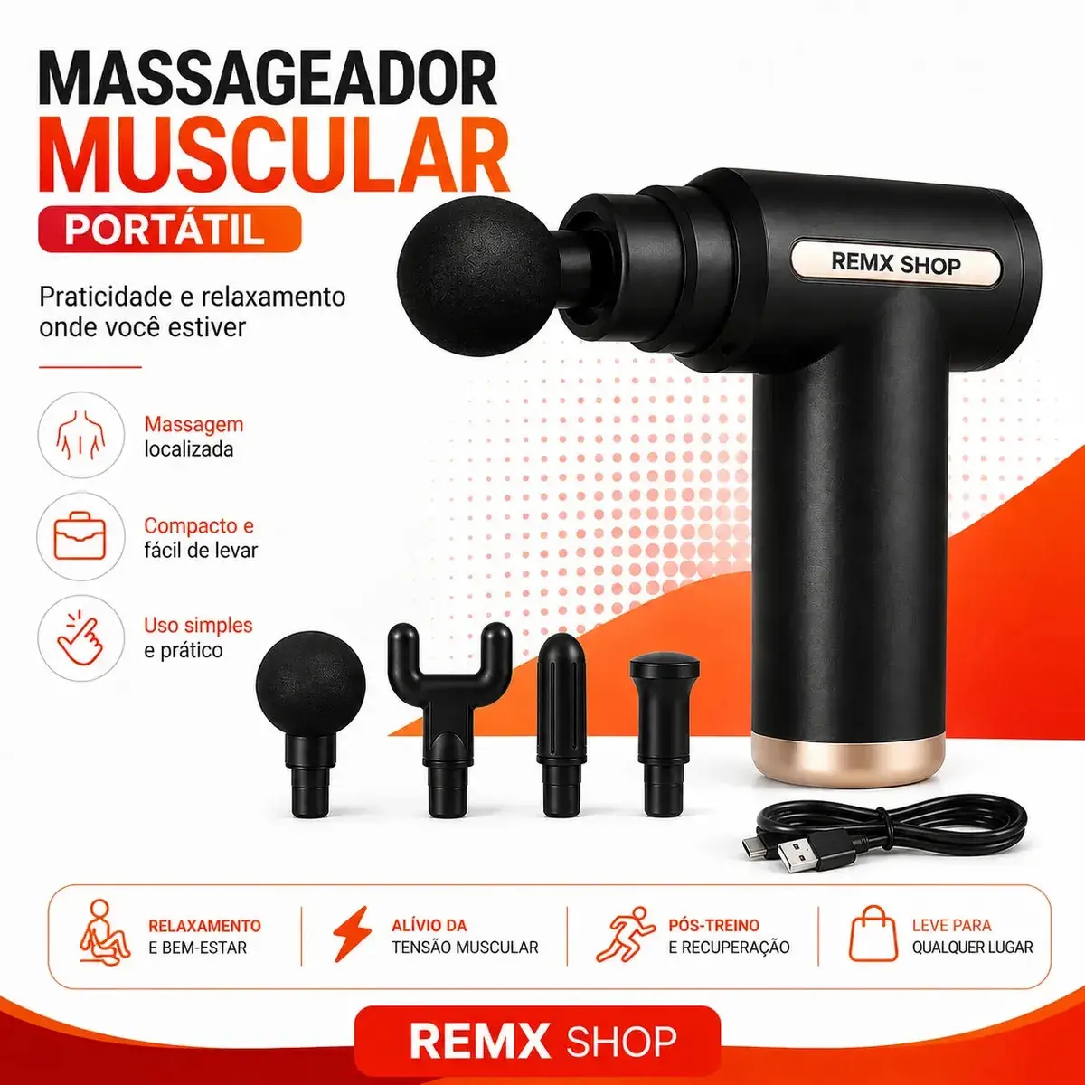 Massageador Pistola Elétrica Profissional Muscular Portátil Aparelho Fisioterapia Liberação Corporal 6 Velocidades 4 Cabeças Recuperação Muscular Alivio Relaxamento - Remx Shop - 1