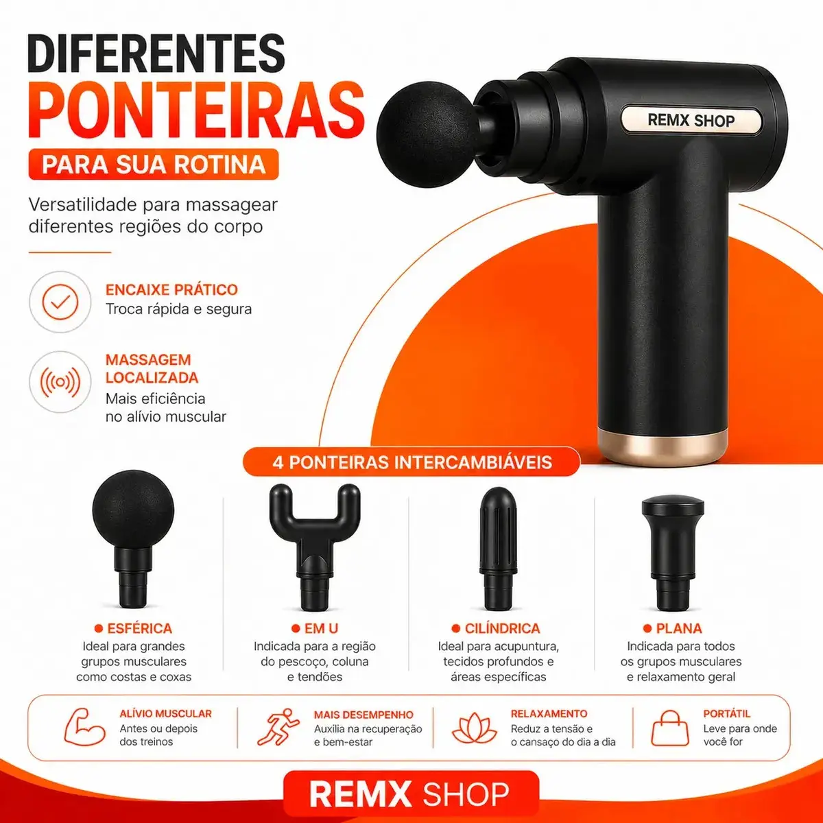 Massageador Pistola Elétrica Profissional Muscular Portátil Aparelho Fisioterapia Liberação Corporal 6 Velocidades 4 Cabeças Recuperação Muscular Alivio Relaxamento - Remx Shop thumbnail 2