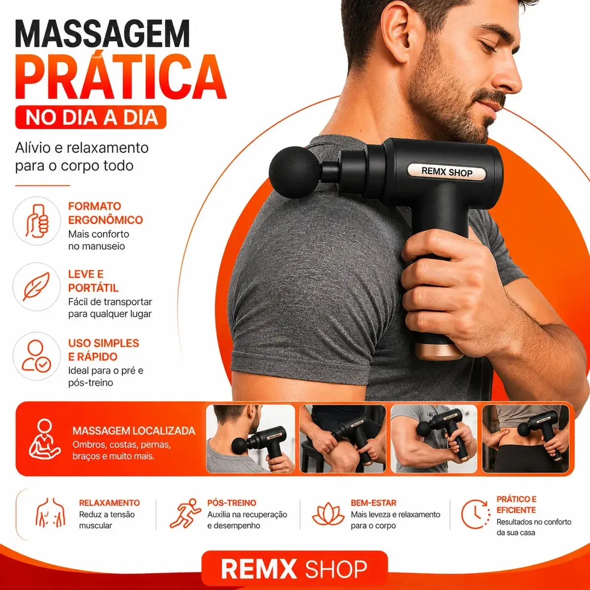 Massageador Pistola Elétrica Profissional Muscular Portátil Aparelho Fisioterapia Liberação Corporal 6 Velocidades 4 Cabeças Recuperação Muscular Alivio Relaxamento - Remx Shop thumbnail 3