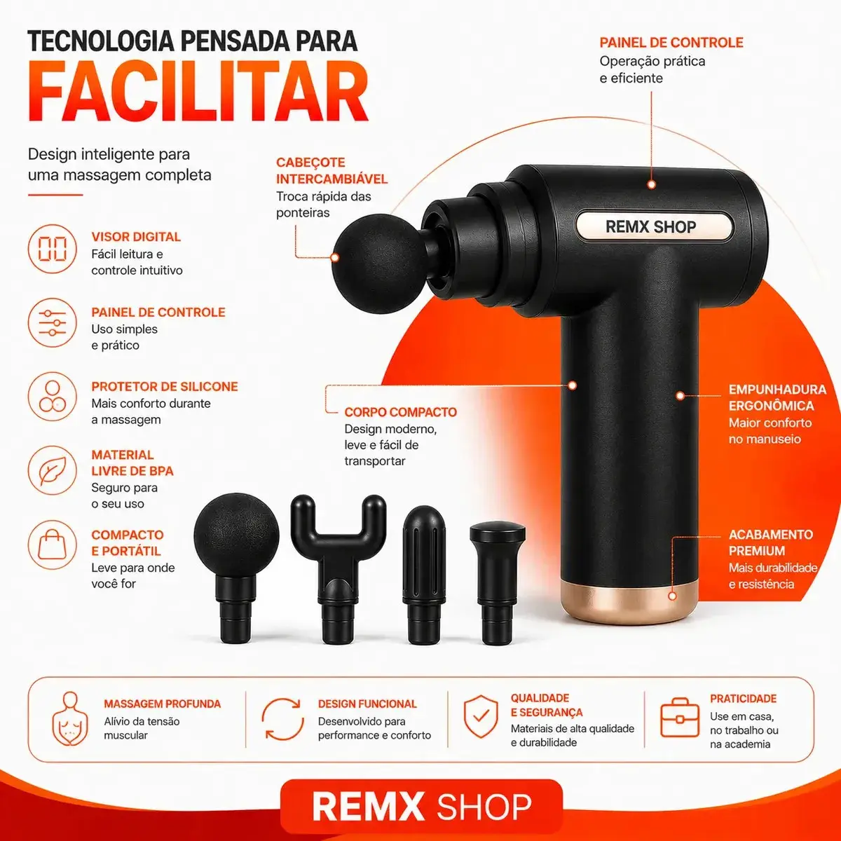 Massageador Pistola Elétrica Profissional Muscular Portátil Aparelho Fisioterapia Liberação Corporal 6 Velocidades 4 Cabeças Recuperação Muscular Alivio Relaxamento - Remx Shop thumbnail 4