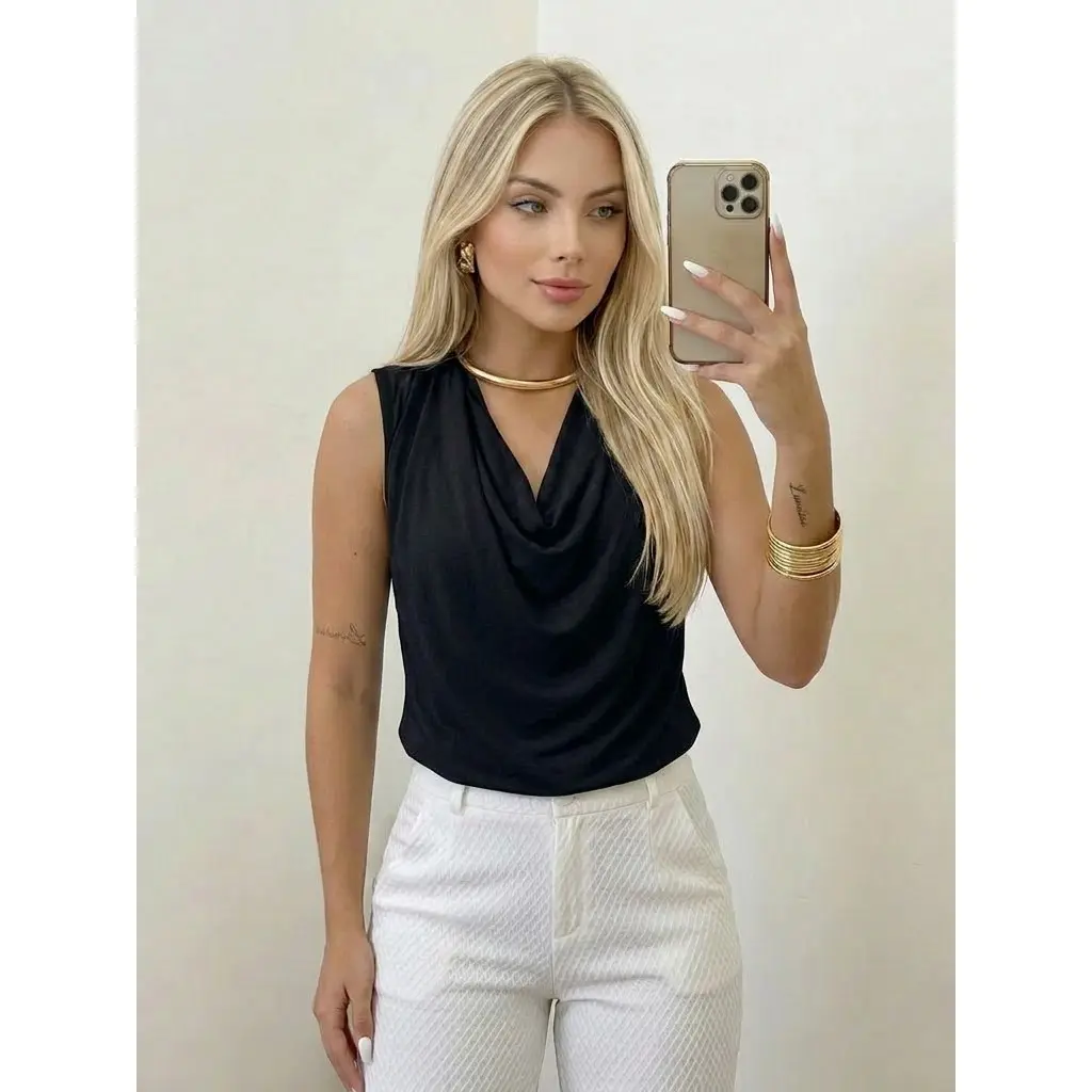 Blusa Feminina Gola Boba Suplex Casual Versatil Social Drapeada Forrada Elegante Moda Tendencia - 1