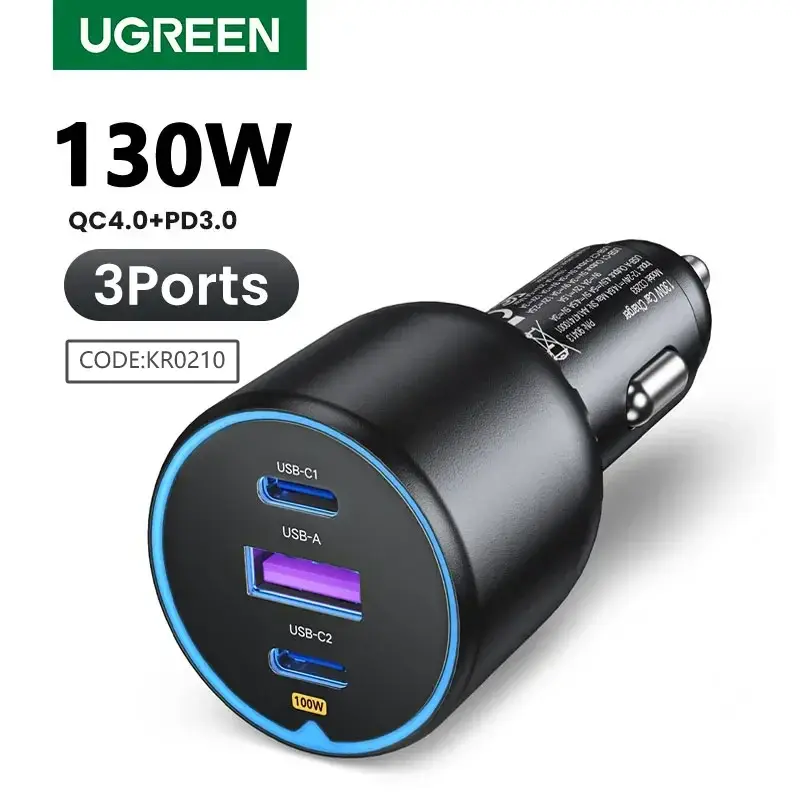 UGREEN Carregador de carro USB-C de 130 W para Xiaomi, iPhone 18, Samsung Galaxy S25, laptops e tablets, com carregamento rápido PD3.0, carregador de carro USB Tipo C.