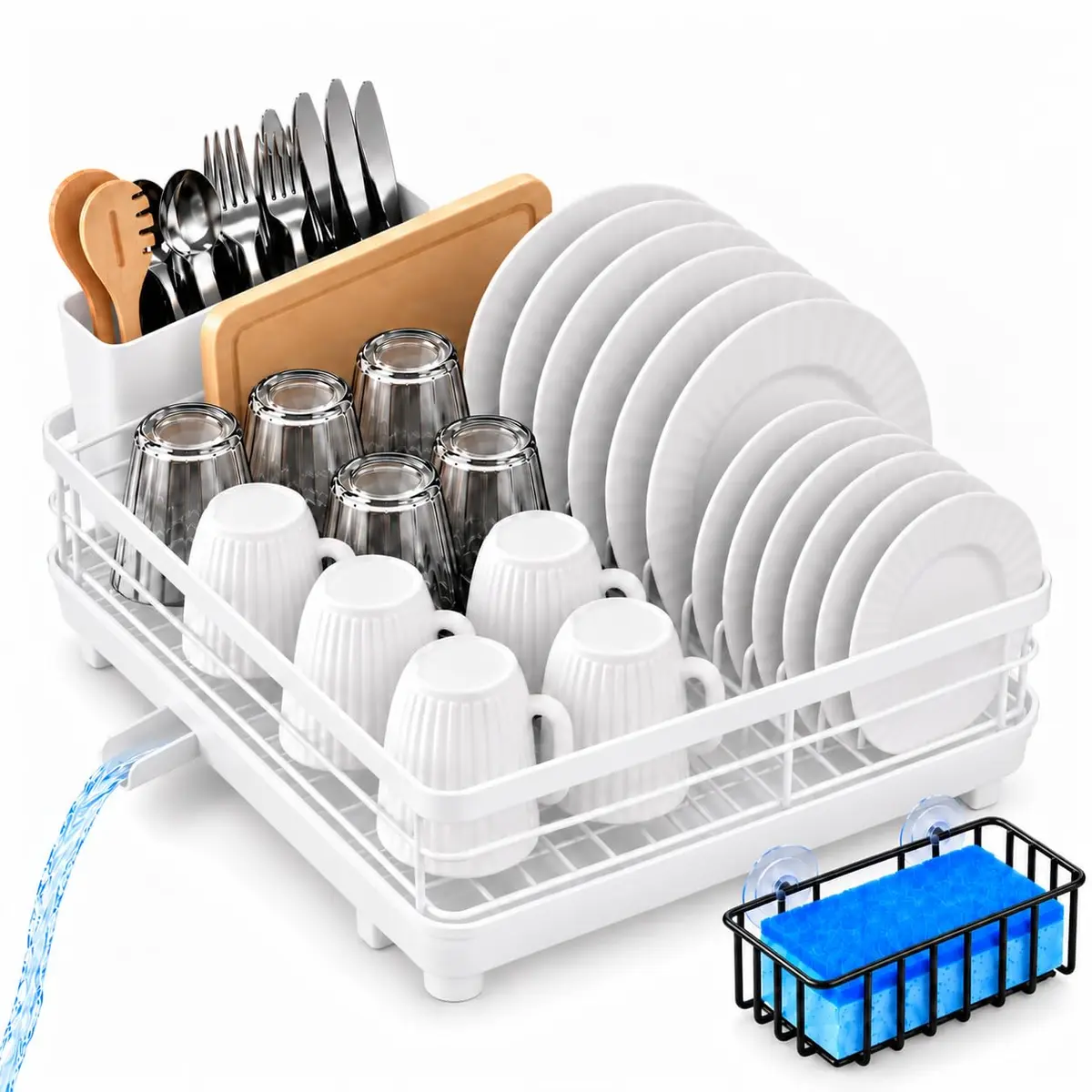 Decolab Escorredor de Louça Grande Aço Inox Porta-Esponja Branco Cozinha | Acompanha porta-esponja exclusivo. Bandeja coletora com bico giratório 360° direciona a água à pia e organiza louças.