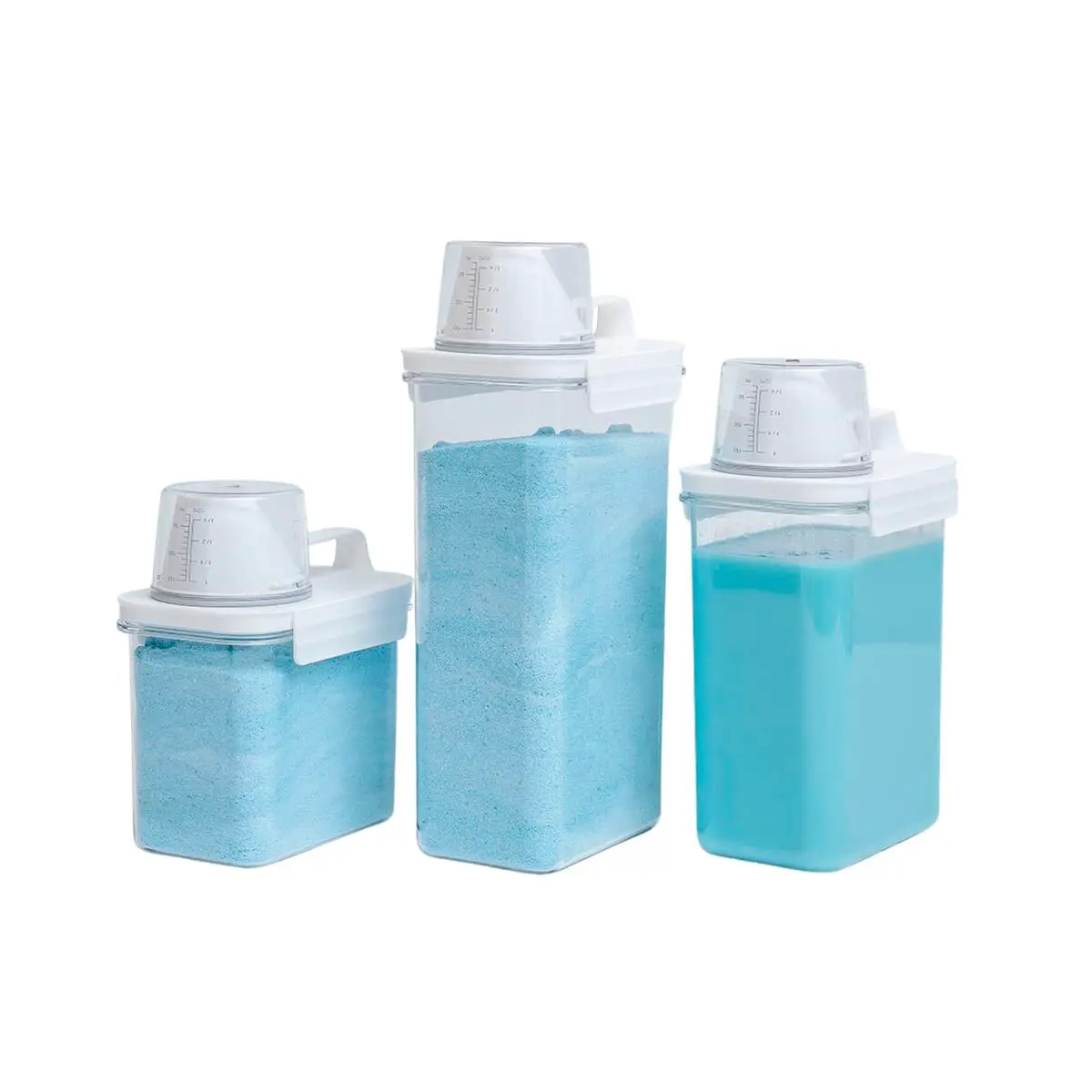 Oikos - Kit 3 Dispenser Porta Sabão em Pó, Líquido e Amaciante com Copo Medidor e Trava para Lavanderia 1,1L, 1,8L e 2,3L