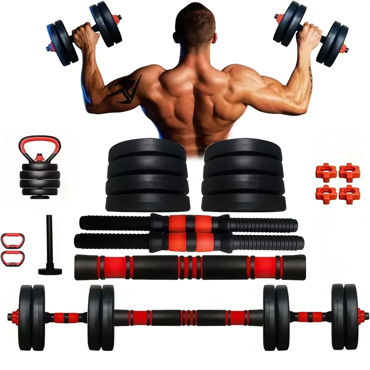 Kit Halteres Ajustáveis 15kg 6 em 1 com Barras, Anilhas e Kettlebell Multifuncional - Pesos para Musculação, Academia em Casa, Crossfit, Treino Funcional, Fitness, Pegada Antiderrapante