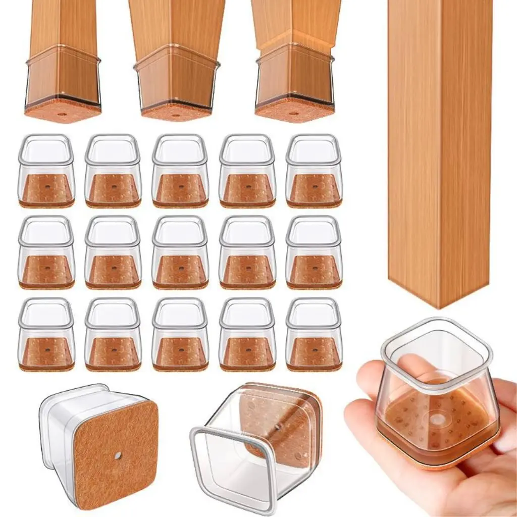 Protetor para Pes de Cadeira de silicone Quadrado, Kit 16 Peças, Protetor de Piso Transparente e Antiderrapante com Almofadas de Feltro, Protetores Pé de Cadeira Evite Arranhões e Reduza Ruídos