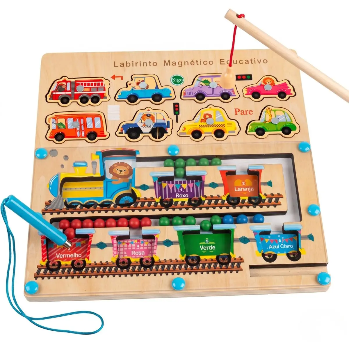 Tabuleiro Educativo Madeira Magnético Cores Números Montessori (Veículos) | Brinquedo Pescaria Infantil Coordenação Motora Fina Aprendizado Divertido Pega Peixe Imã Didático A Partir de 3 Anos Unissex