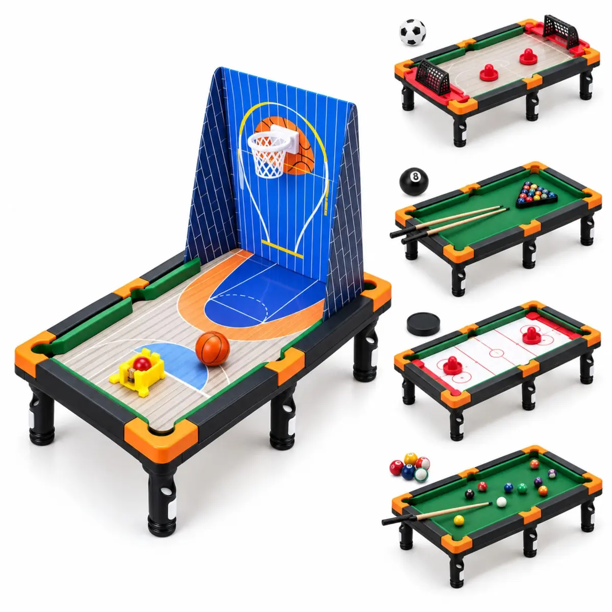 Mesa Multijogos 5 em 1 Sinuca Bilhar Hockey Futebol Basquete | 66 Peças, 41 Bolinhas, 2 Jogadores, Jogo de Salão, 6 Anos, Presente Dia das Crianças, Tacos Inclusos