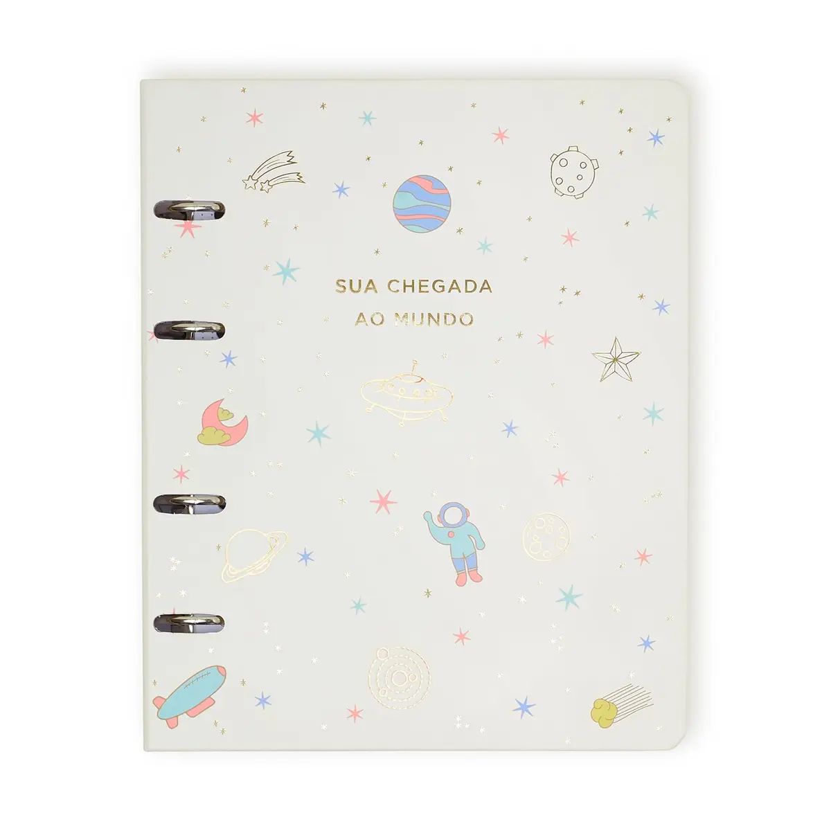 Livro Álbum do Bebê - 0 à 12 meses | Argolado | 47 Folhas - Formato 18x24cm, Capa Dura - Off White, tema universo | Papel Offset 150g | Cicero - 1
