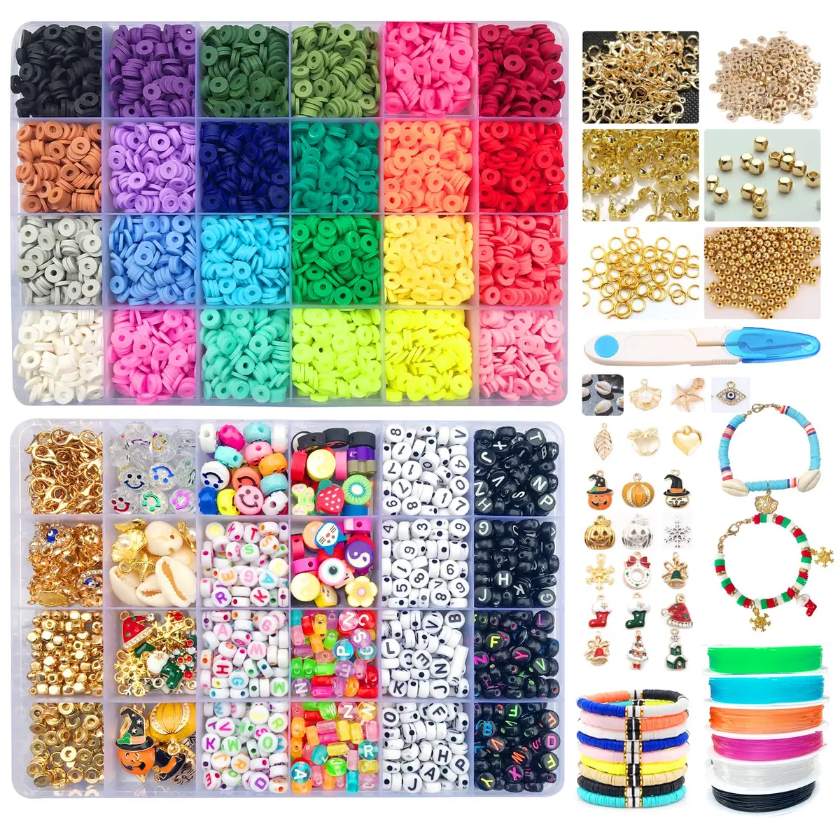 Miçangas de argila de polímero premium de 6 mm, 5200 peças para pulseiras, 24 cores brilhantes com 900 peças de contas de letras, peças de acrílico para rosto sorridente, contas de