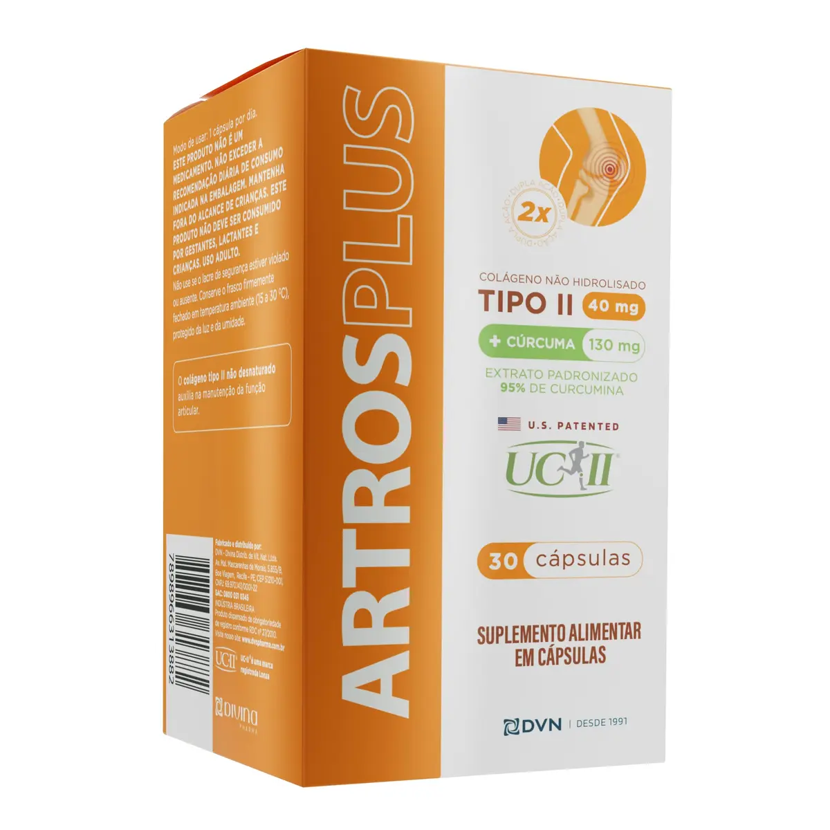 Colágeno Tipo 2 UC-II 40 mg Cúrcuma USP 130 mg 30 Cápsulas - Artros Plus | DVN Pharma - Saúde das Articulações