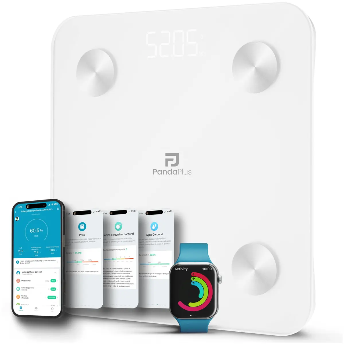 Balança de Bioimpedância Inteligente Smart 13 Métricas IMC Saúde Fitness Nutrição Academia 180kg Bluetooth App Panda Plus Tuya Google Fit Apple Health (Branco)