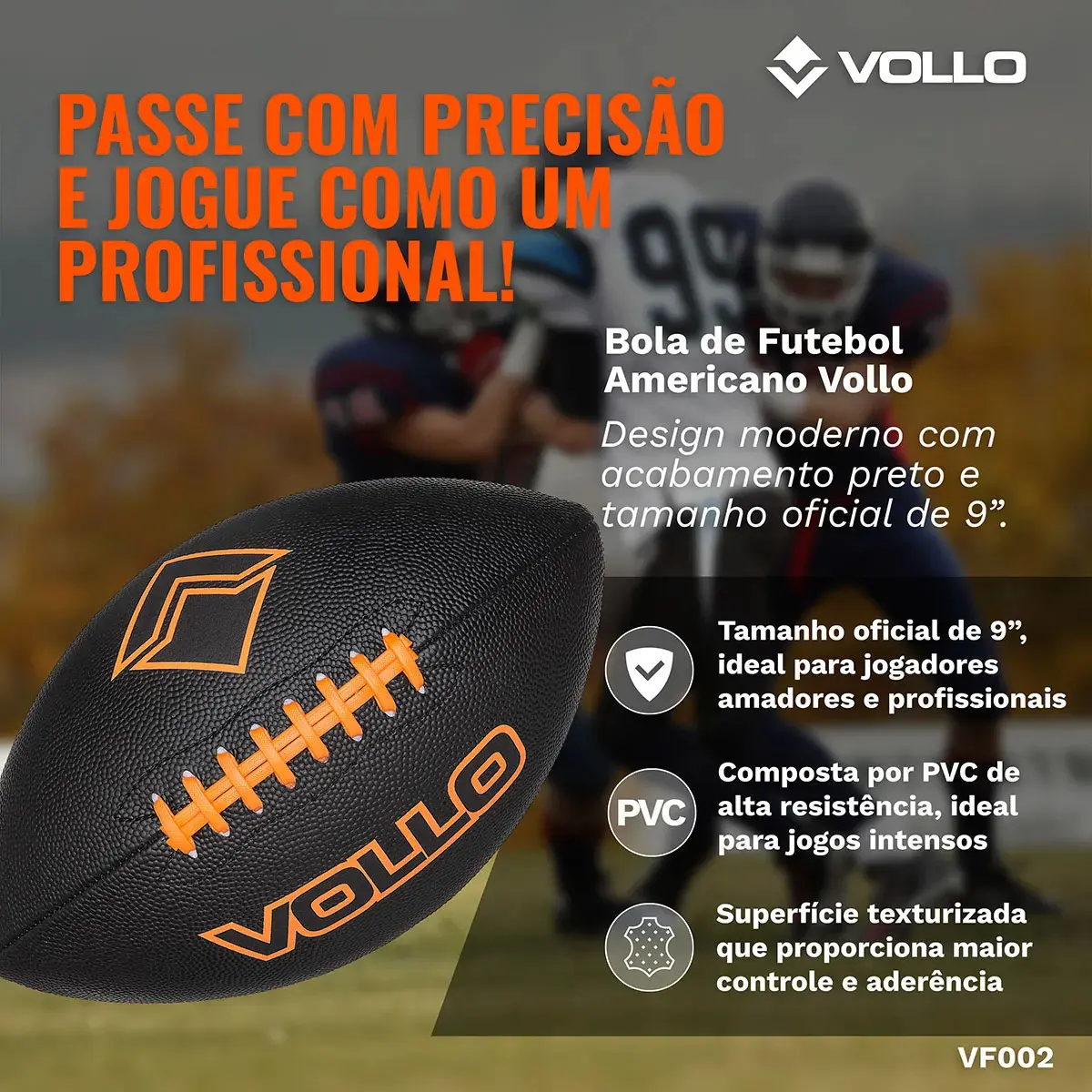 Bola Futebol Americano Tamanho 9 Vollo Flag Preta Cor Preto thumbnail 2