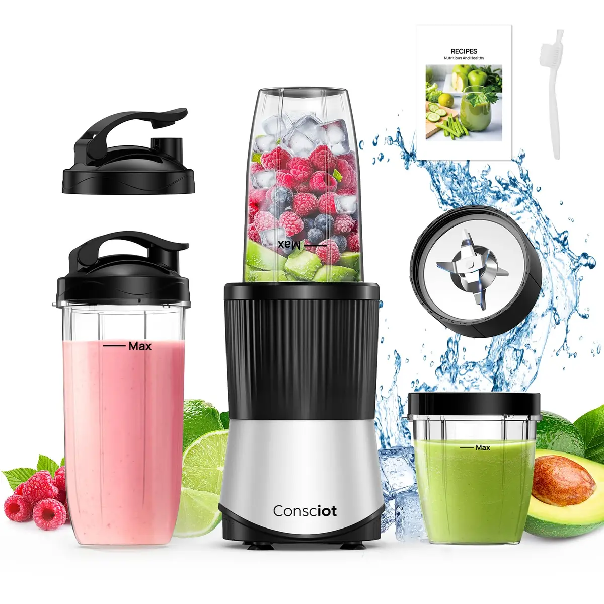 Consciot CB08 Liquidificador de 11 peças para cozinha e tamanho pessoal, batidos e vitaminas, bebidas congeladas, alimentos para bebê, pastas e muito mais, 3 copos portáteis para viagem, 2 tampas de - 1