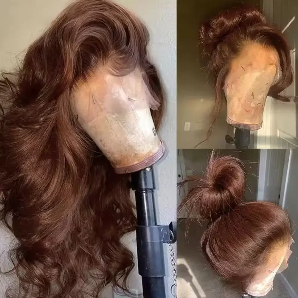 Peruca Frontal de Renda Ondulada Castanho Chocolate, Cabelo Humano Pré-arrancado, Cabelo Virgem Brasileiro Castanho, Peruca Frontal HD Sem Cola para Mulheres