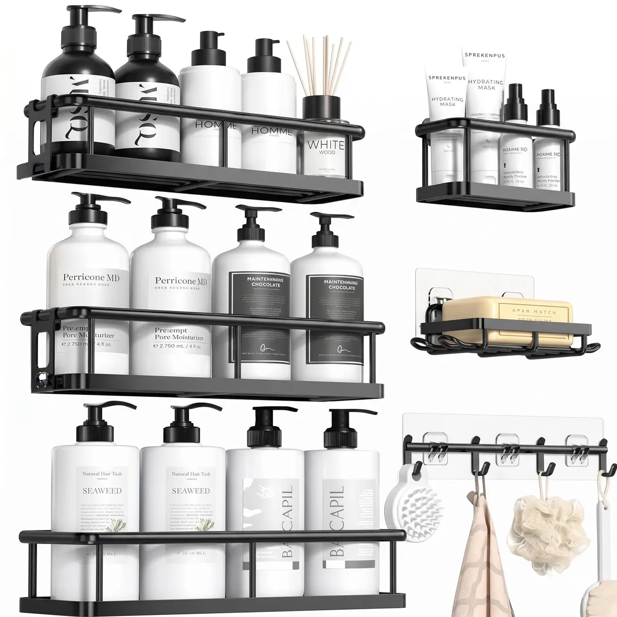 Kit Organizador de Chuveiro Adesivo 6 em 1 Inox Suporte para Banheiro