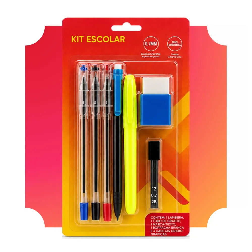 Kit Escolar 7 Itens 3 Canetas Esferográficas Azul Preta Vermelha Lapiseira | Tubo de Grafite 2B Marca-Texto Neon Borracha Branca Caneta Escola Faculdade