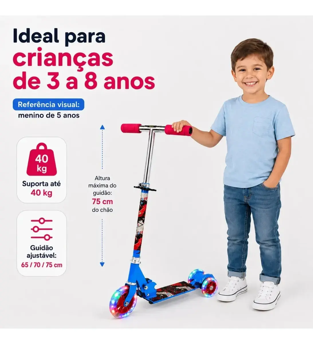 Patinete Infantil 3 Rodas Dobrável Com Rodas De Led, Guidão Ajustável, Freio Traseiro E Base De Alumínio Azul Tema Extreme Suporta 40Kg thumbnail 2