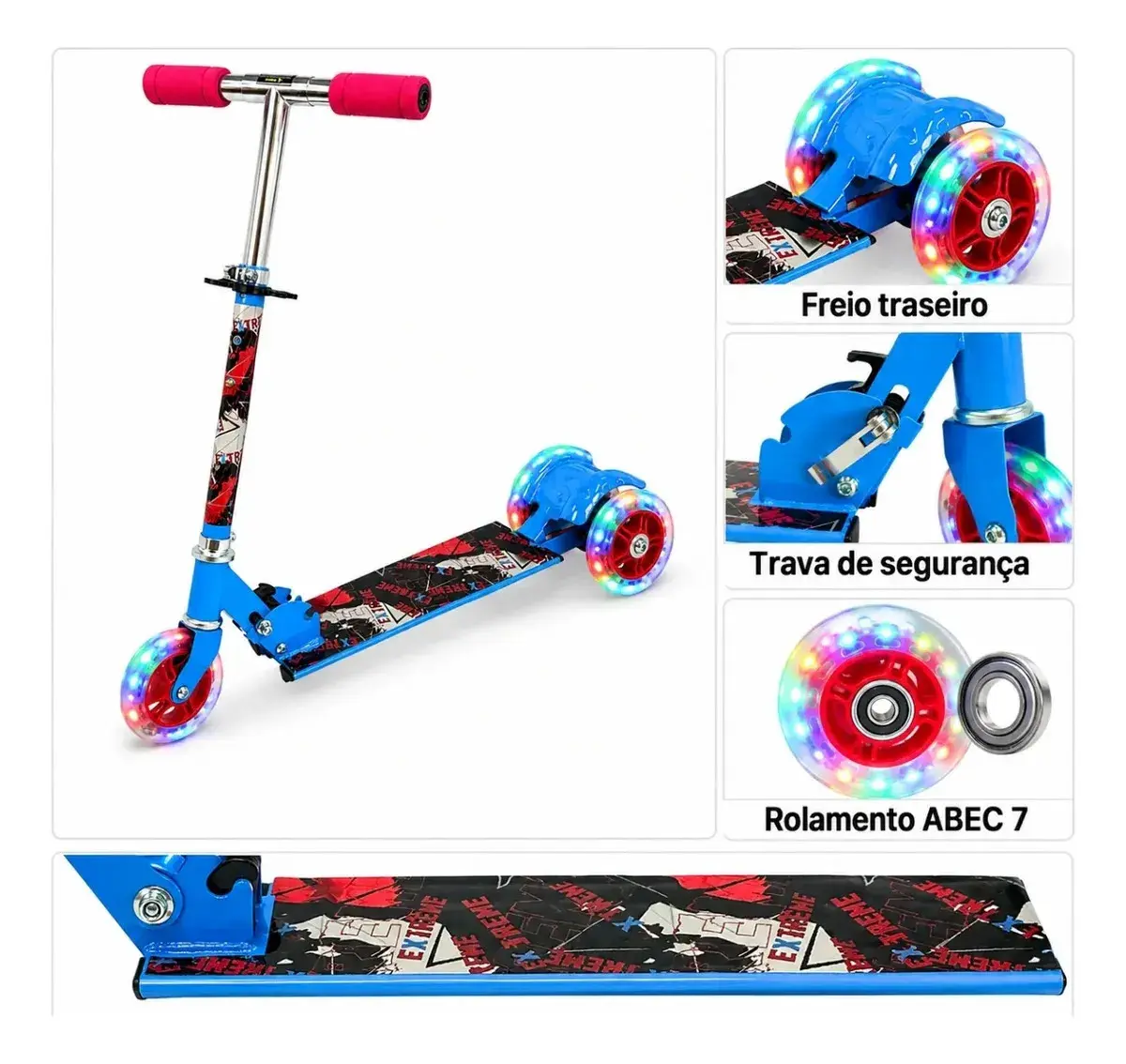 Patinete Infantil 3 Rodas Dobrável Com Rodas De Led, Guidão Ajustável, Freio Traseiro E Base De Alumínio Azul Tema Extreme Suporta 40Kg thumbnail 3