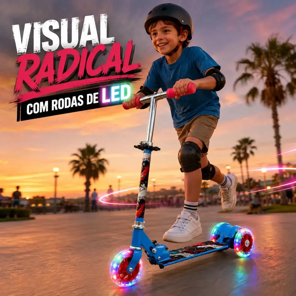 Patinete Infantil 3 Rodas Dobrável Com Rodas De Led, Guidão Ajustável, Freio Traseiro E Base De Alumínio Azul Tema Extreme Suporta 40Kg thumbnail 4