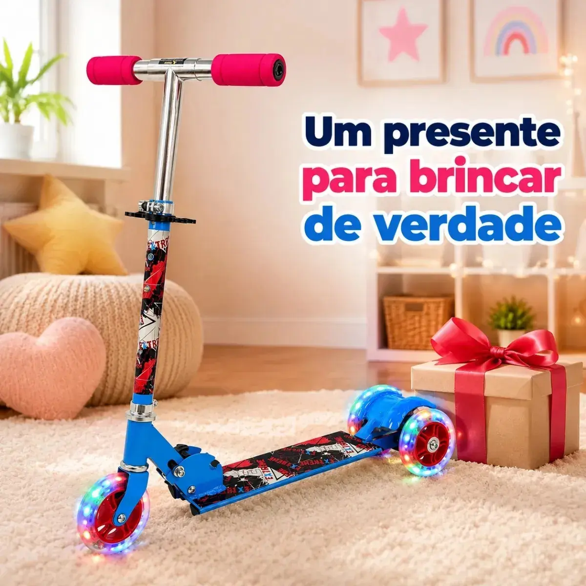 Patinete Infantil 3 Rodas Dobrável Com Rodas De Led, Guidão Ajustável, Freio Traseiro E Base De Alumínio Azul Tema Extreme Suporta 40Kg thumbnail 5