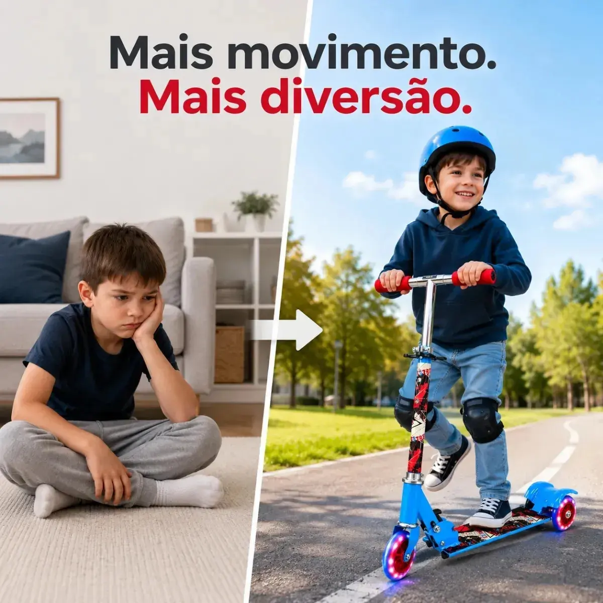 Patinete Infantil 3 Rodas Dobrável Com Rodas De Led, Guidão Ajustável, Freio Traseiro E Base De Alumínio Azul Tema Extreme Suporta 40Kg thumbnail 6