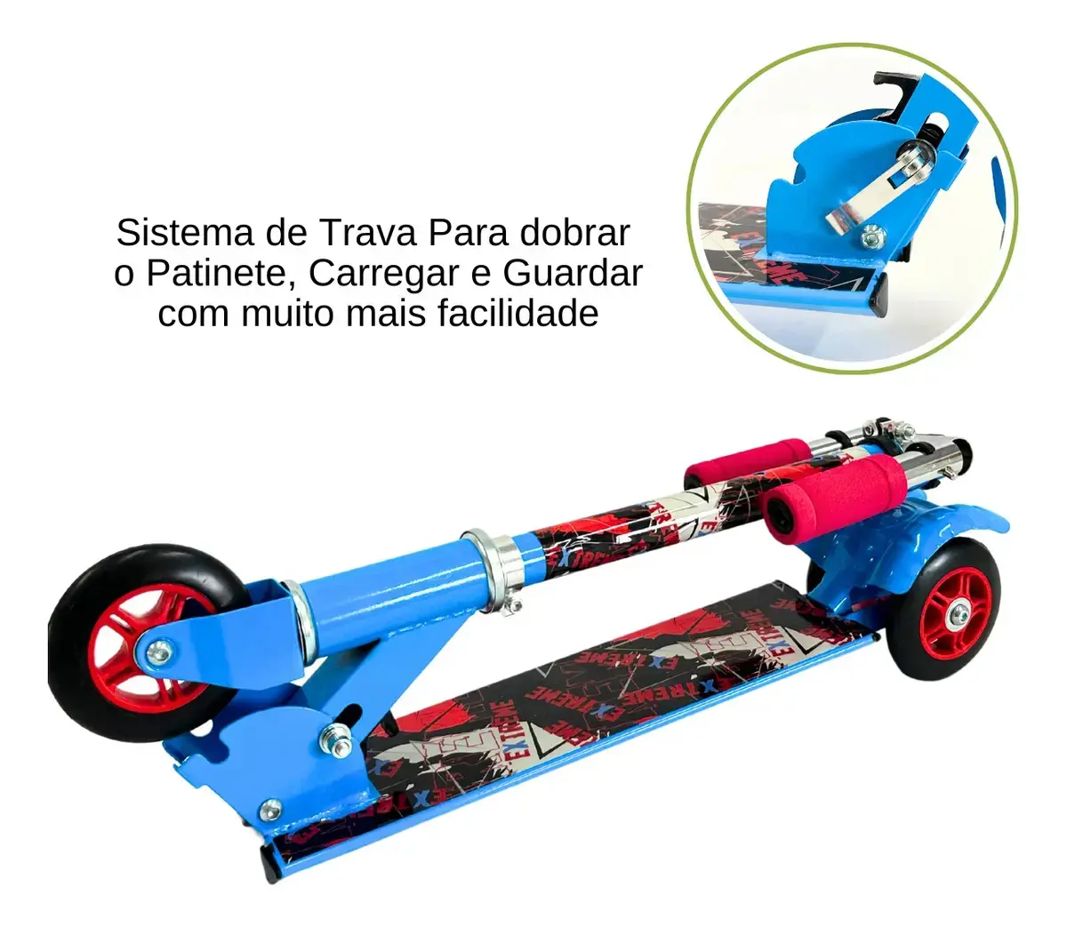 Patinete Infantil 3 Rodas Dobrável Com Rodas De Led, Guidão Ajustável, Freio Traseiro E Base De Alumínio Azul Tema Extreme Suporta 40Kg thumbnail 7
