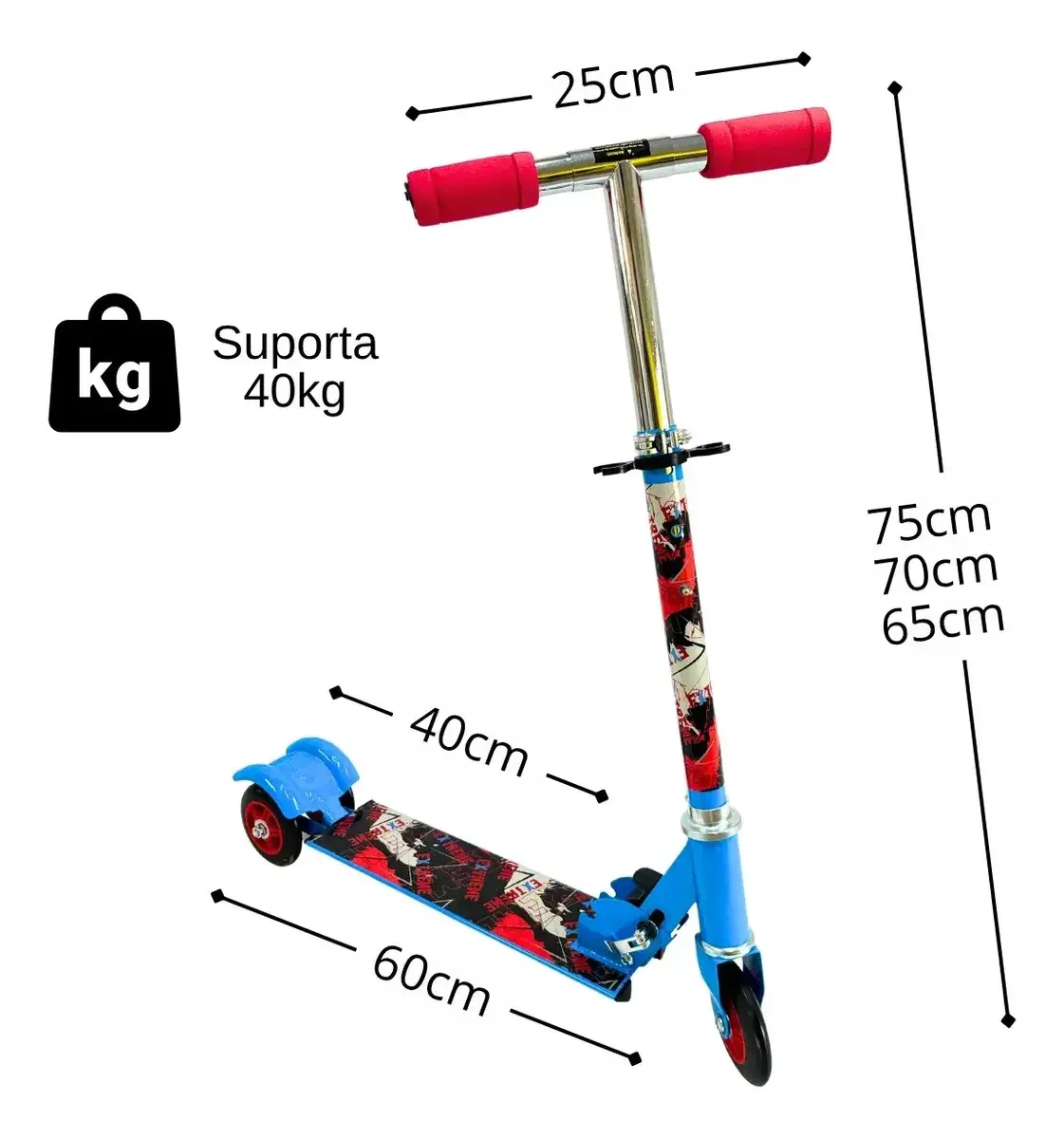 Patinete Infantil 3 Rodas Dobrável Com Rodas De Led, Guidão Ajustável, Freio Traseiro E Base De Alumínio Azul Tema Extreme Suporta 40Kg thumbnail 9