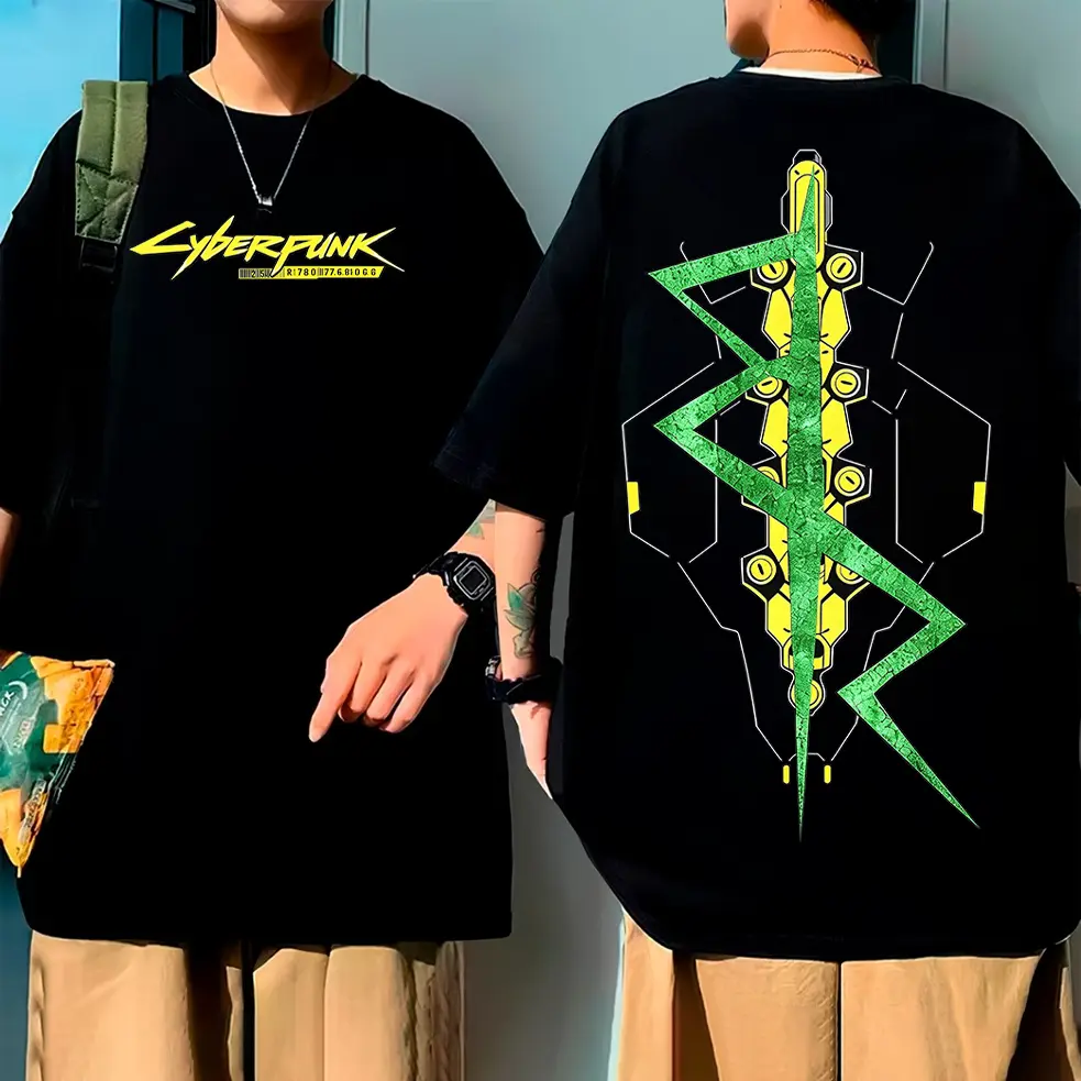Camiseta Unisex de Alta Qualidade, Design com o texto "Cyberpunk" estampado no peito e gráfico geométrico futurista com - 1
