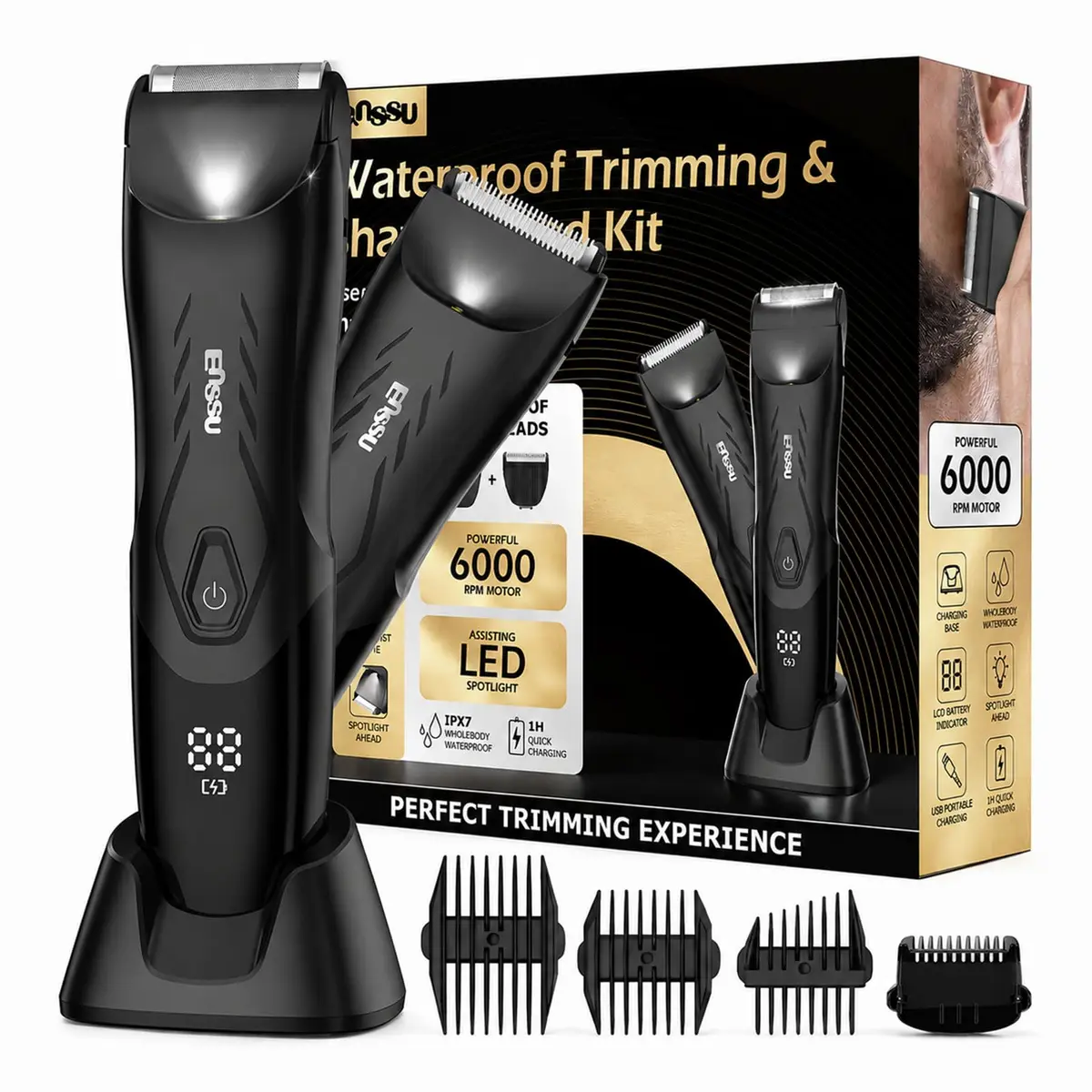 ENSSU Máquina de Barbear 2 em 1 com Cabeça Dupla, Barbeador Elétrico e Aparador de Pelos Íntimos Masculino, Lâmina Segura de Cerâmica BladeLock™, IPX7 à Prova d'Água, Recarregável para Barba, Corpo, Virilha, Axilas e Peito